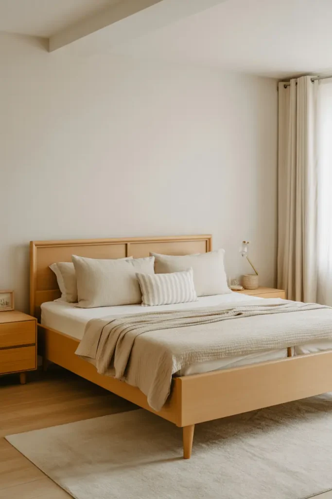 Bright bedroom with light wood furniture, pale oak bed frame, neutral textiles, airy and open feel, natural daylight, calm minimalist aesthetic, realistic interior photography, no people, no text, no watermark
