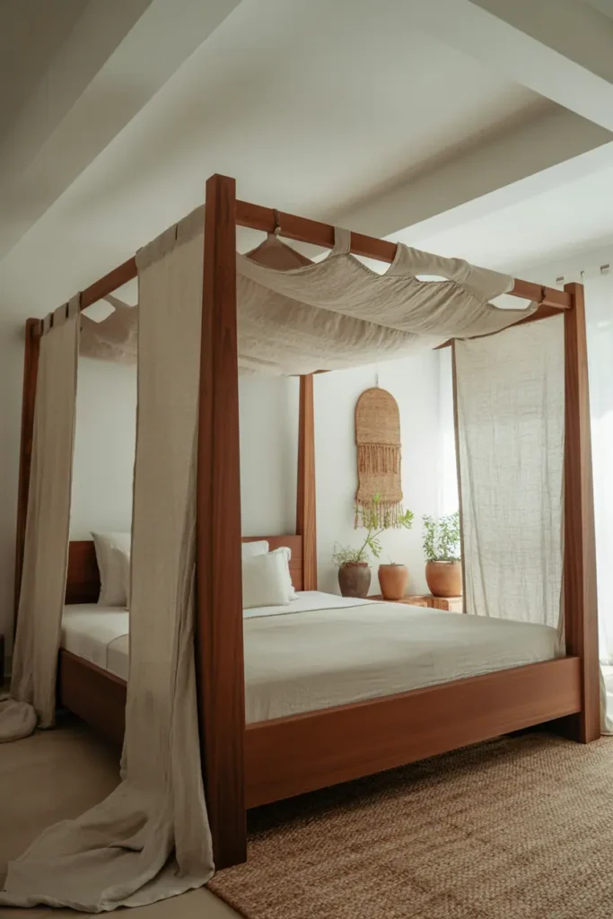 Four-poster bed in dark teak with loose unbleached linen canopy draping on two sides. Thick wooden posts, white bedding, woven wall hanging on far wall, terracotta plant pots, jute rug. High ceiling room, soft diffused natural light filtering through linen, intimate and airy feeling, editorial interior photography style.