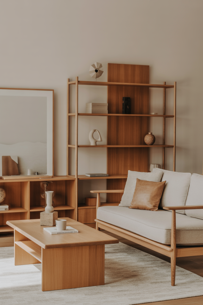 Japandi living room styled around light oak wood furniture, oak coffee table, oak shelving, oak sofa frame, neutral walls, cohesive wood tones, soft daylight, serene minimalist atmosphere, editorial interior design photography, no people, no text