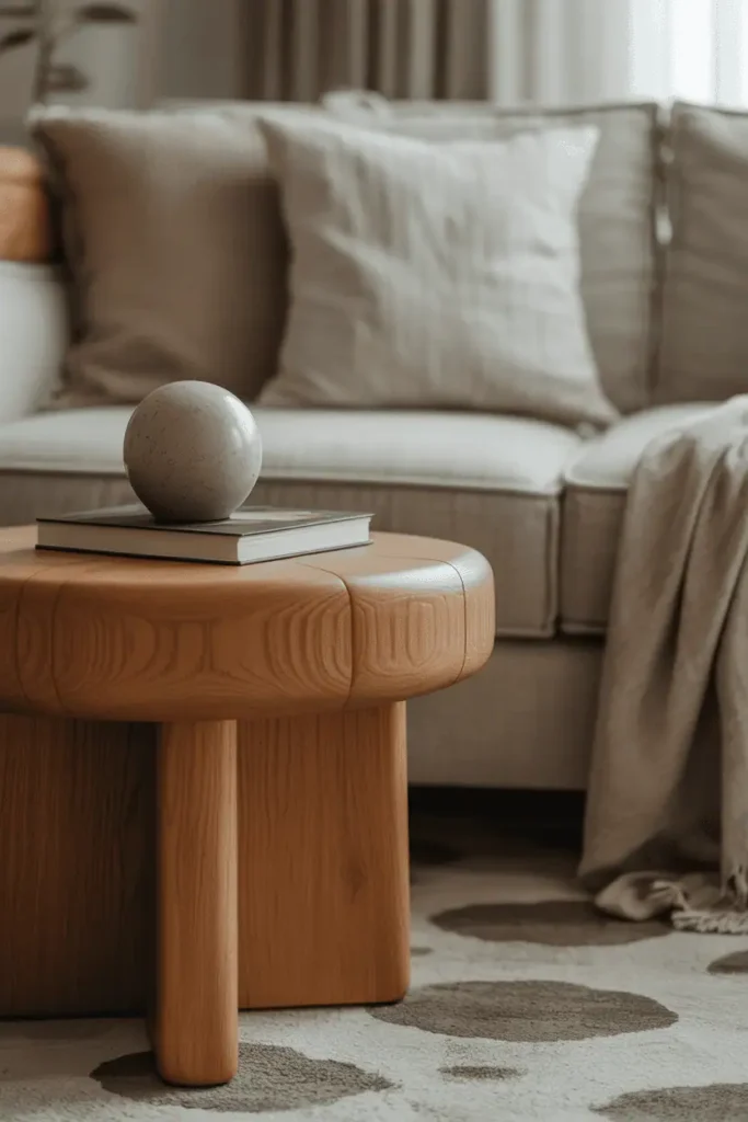 Living room detail featuring rounded wooden side table beside a neutral sofa, organic shape, visible wood grain, cozy styling, close-up editorial interior shot, Scandinavian–modern wood aesthetic, realistic interior photography, high resolution, shallow depth of field, no people, no text, no watermark