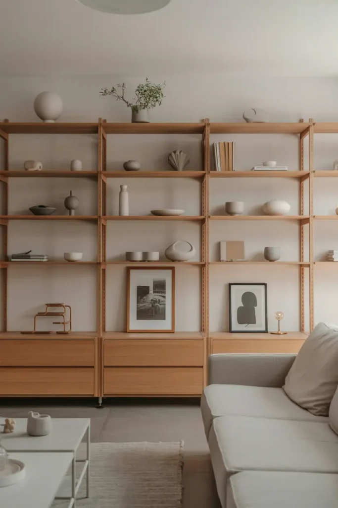 Minimalist living room with open wooden shelving, sparse and intentional styling, ceramics and books, neutral tones, calm and airy atmosphere, Scandinavian-modern aesthetic, realistic interior photography, high resolution, no people, no text, no watermark