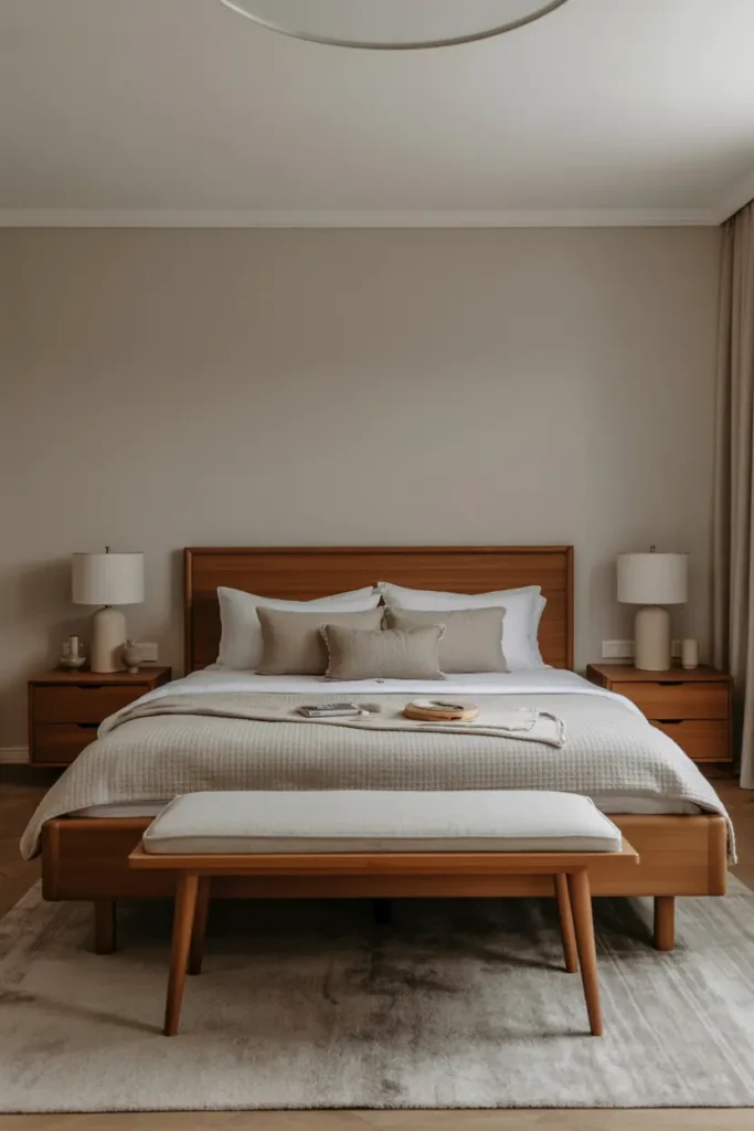 Calm bedroom using a consistent warm wood tone across bed frame, nightstands, and bench, cohesive and balanced look, neutral walls, soft lighting, realistic interior photography, no people, no text, no watermark