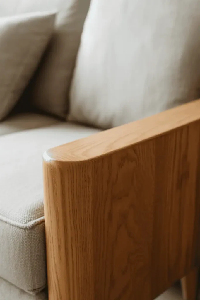 Close-up of natural wood grain in minimalist living room furniture, subtle texture, neutral surroundings, soft daylight highlighting grain detail, editorial interior photography, high resolution, no people, no text, no watermark