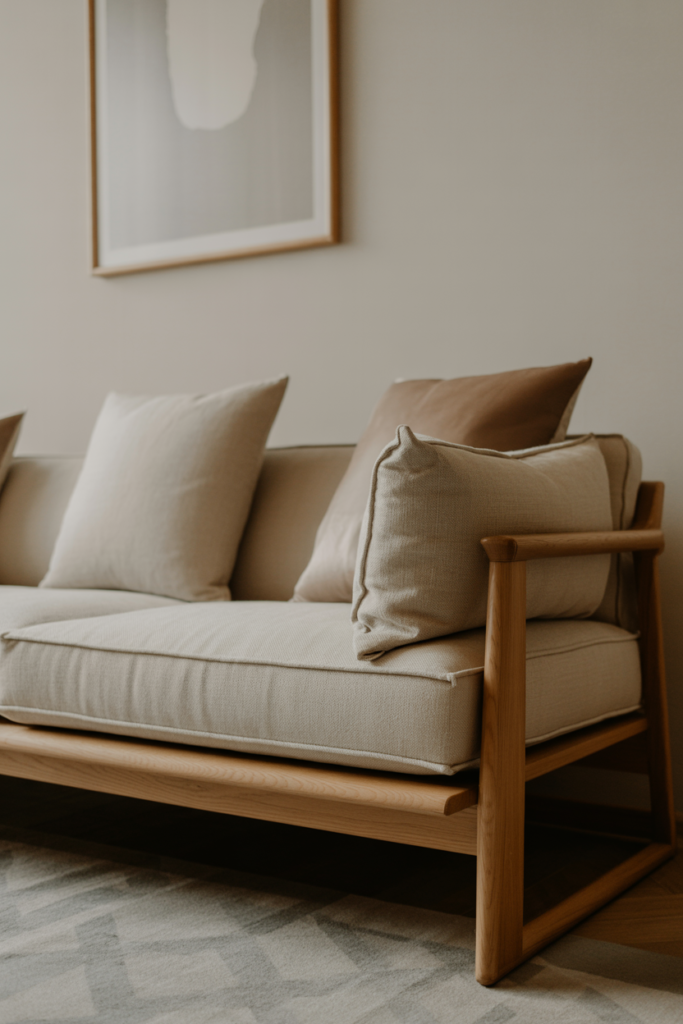 Japandi living room featuring a low-profile sofa with exposed light oak wood frame, neutral upholstery, soft linen cushions, grounded seating height, warm natural light, calm and balanced composition, minimalist styling, realistic interior photography, no people, no text
