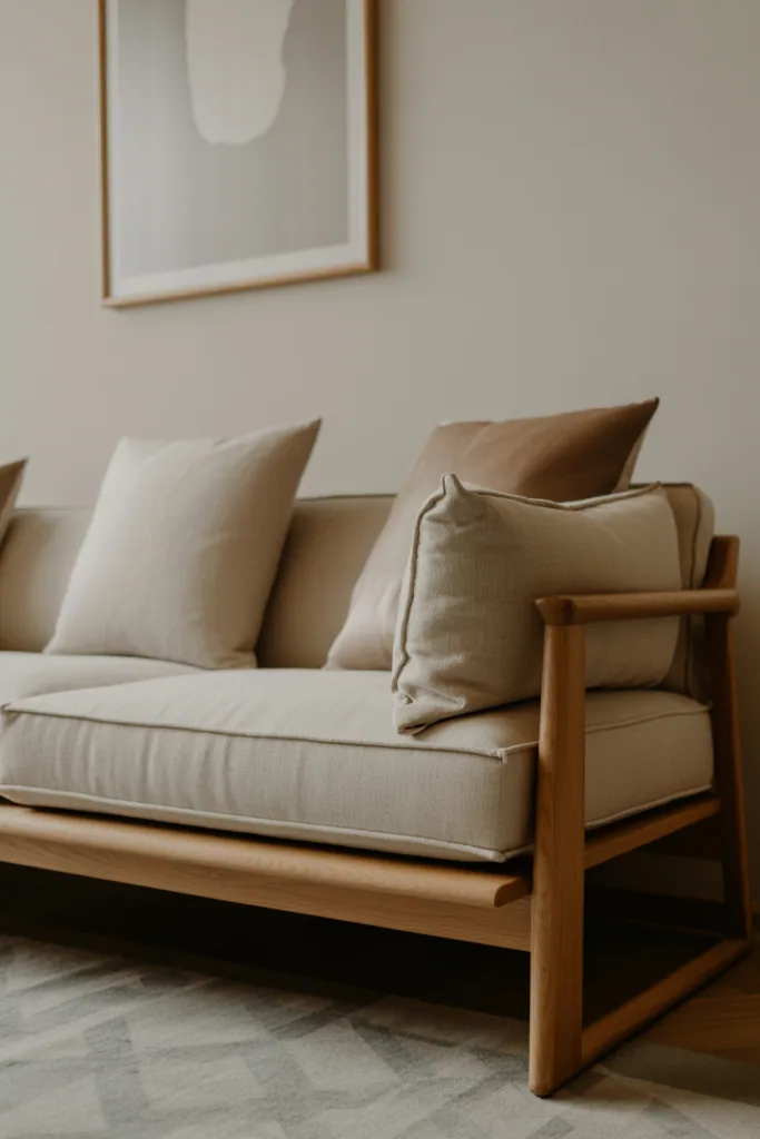 Japandi living room featuring a low-profile sofa with exposed light oak wood frame, neutral upholstery, soft linen cushions, grounded seating height, warm natural light, calm and balanced composition, minimalist styling, realistic interior photography, no people, no text