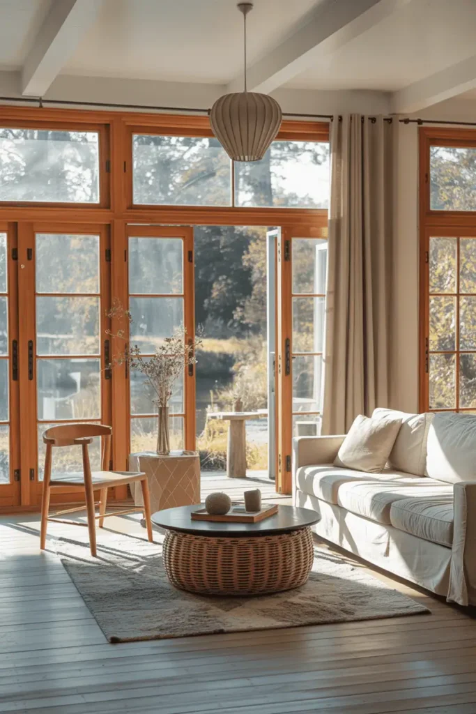 Living room with large wood-framed windows, soft daylight streaming in, neutral furnishings, natural textures, calm indoor-outdoor connection, wide interior view, Scandinavian–modern wood aesthetic, realistic interior photography, high resolution, no people, no text, no watermark