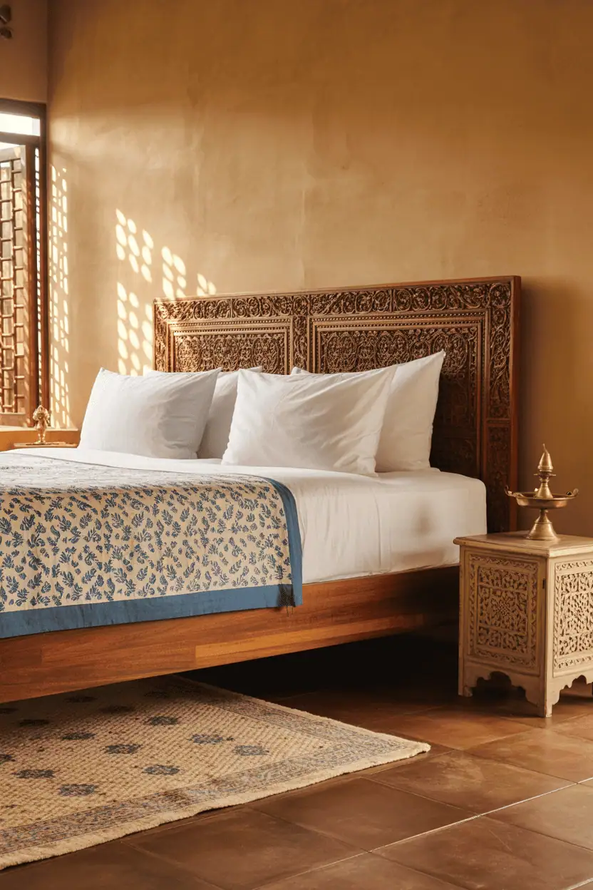 Indian Wood Bedroom Ideas with Warmth and Layered Craft