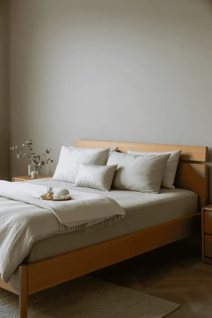 Bedroom with a simple wooden bed frame, clean lines, visible natural wood grain, neutral bedding, calm and grounded atmosphere, soft daylight, minimalist styling, realistic interior photography, no people, no text, no watermark