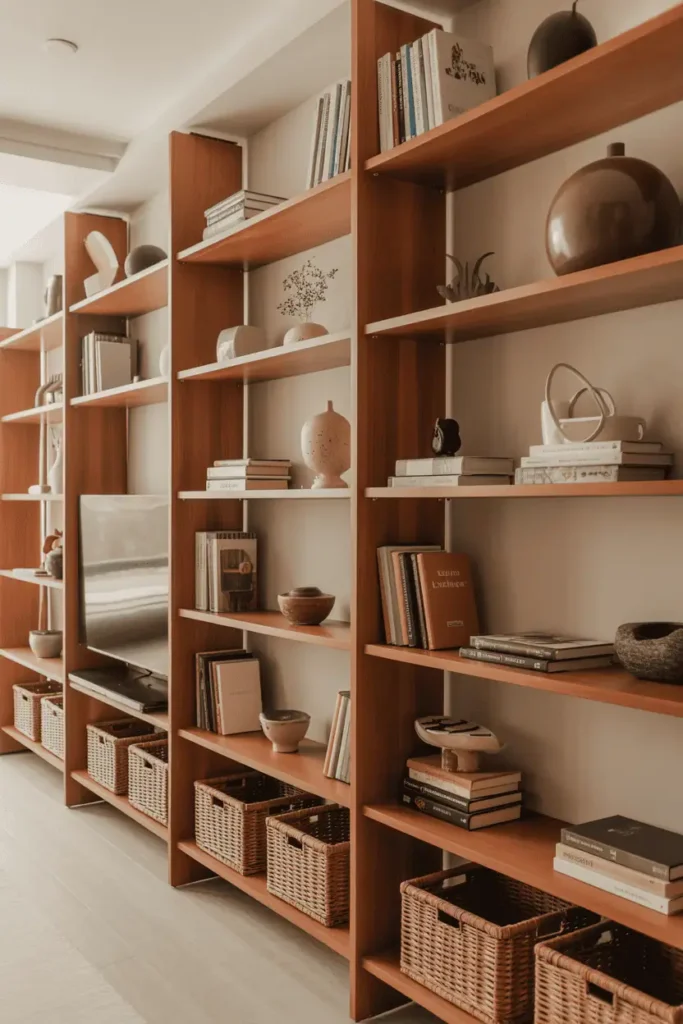 Open natural wood wall shelving styled with books, ceramics, and baskets, warm wood tones, neutral background, light-filled living room, minimal and balanced composition, Scandinavian–modern wood aesthetic, realistic interior photography, high resolution, magazine-style look, no people, no text, no watermark