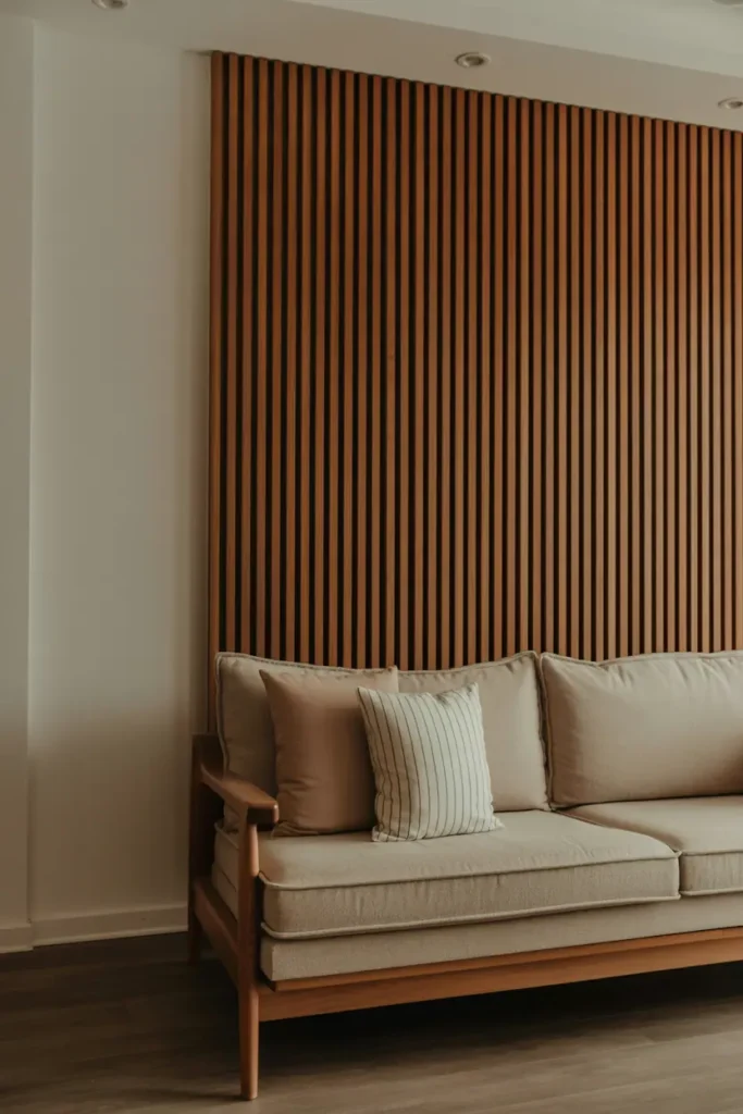 Living room with vertical wooden slat accent wall behind sofa, warm wood texture, minimalist furniture, modern architectural detail, soft ambient lighting, calm and balanced composition, Scandinavian–modern wood aesthetic, realistic interior photography, high resolution, no people, no text, no watermark