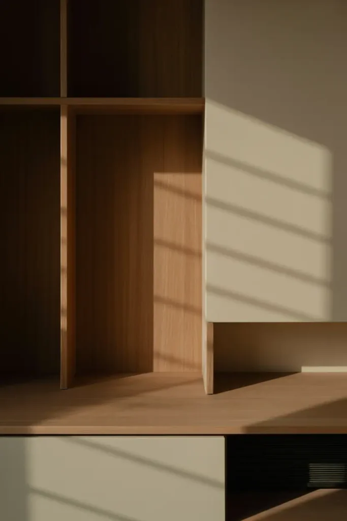 Quiet minimalist living room detail with wood surfaces, soft shadows, neutral textures, calm atmosphere, close-up editorial interior photography, high resolution, no people, no text, no watermark