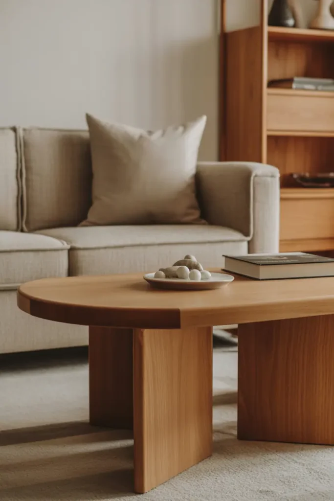 Living room with layered wood tones including light, medium, and dark wood furniture, neutral upholstery, cohesive yet relaxed styling, natural textures, softly lit interior scene, Scandinavian–modern wood aesthetic, realistic interior photography, high resolution, magazine-style composition, shallow depth of field, no people, no text, no watermark