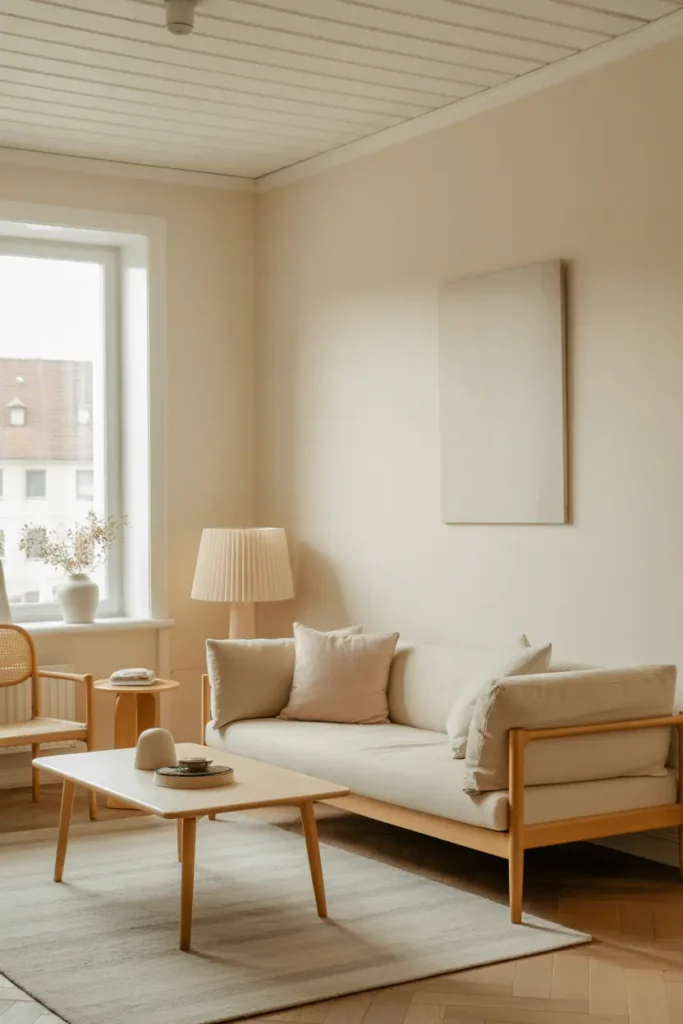 Living room with light wood furniture against warm off-white walls, minimalist decor, soft textures, natural daylight, calm and cohesive interior, Scandinavian-modern style, realistic interior photography, high resolution, no people, no text, no watermark