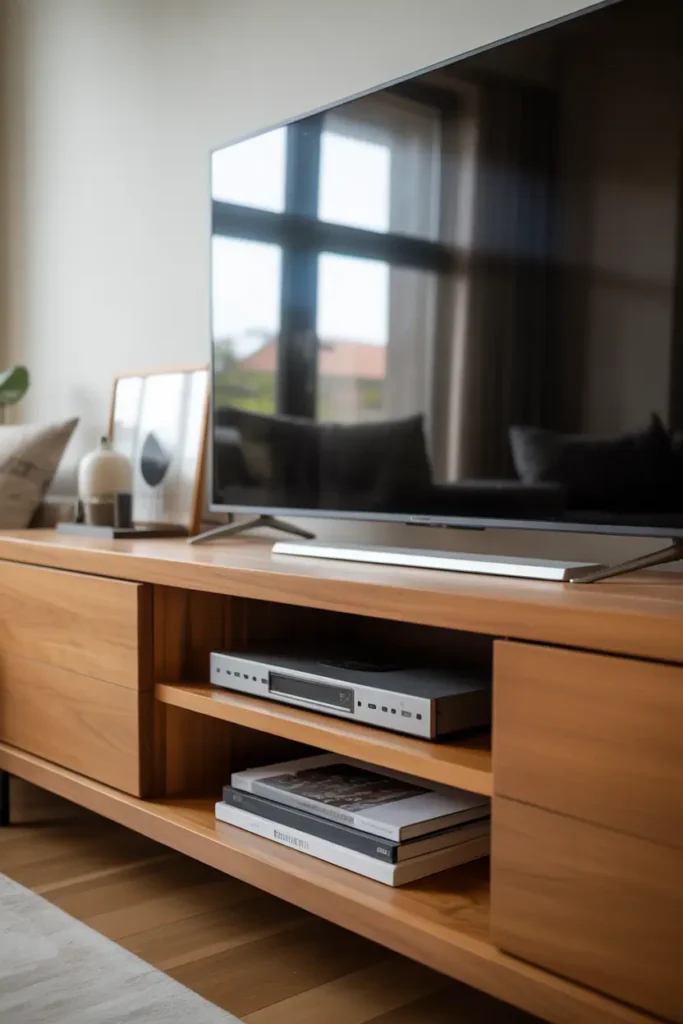 Modern living room featuring a low-profile wooden media console beneath a TV, clean lines, neutral decor, warm wood finish, uncluttered styling, straight-on interior composition, soft natural daylight, Scandinavian–modern wood aesthetic, realistic interior photography, high resolution, magazine-style composition, no people, no text, no watermark