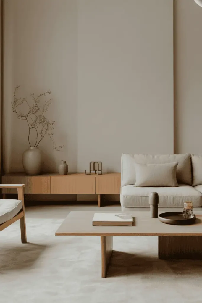 Minimalist living room with low-profile wooden furniture, low wood coffee table and console, neutral seating, grounded and calm mood, soft daylight, Japanese-Scandinavian interior style, realistic interior photography, high resolution, no people, no text, no watermark