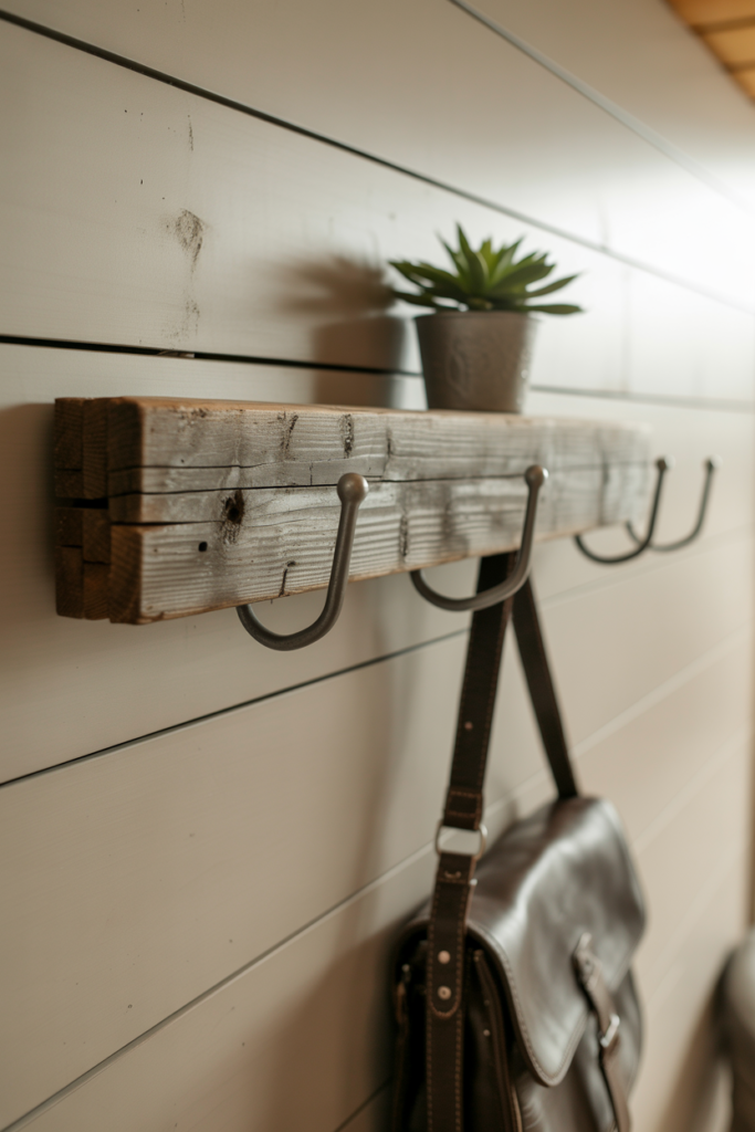 A live edge walnut slab with natural bark edge mounted horizontally on white painted brick. Four matte black industrial hooks are spaced along the slab. A denim jacket and canvas backpack hang naturally. Warm Edison bulb overhead lighting creates subtle glow. Urban loft aesthetic with strong material contrast.