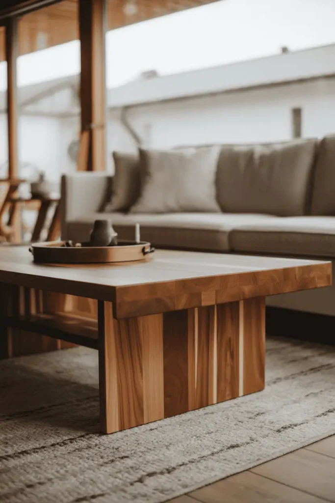 Living room centered around a solid wood coffee table with visible natural grain, neutral sofa, textured area rug, warm wood tones, balanced and inviting composition, eye-level interior shot, soft natural daylight, Scandinavian–modern wood aesthetic, realistic interior photography, high resolution, magazine-style composition, shallow depth of field, calm neutral color palette, no people, no text, no watermark