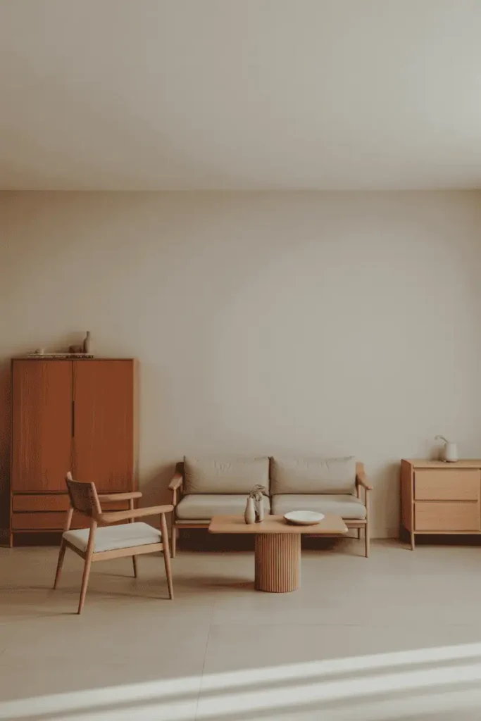 Minimalist living room centered around one dominant light wood tone, cohesive wood furniture, calm neutral walls, simple sofa, uncluttered space, natural daylight, Scandinavian-modern aesthetic, realistic interior photography, editorial composition, high resolution, no people, no text, no watermark