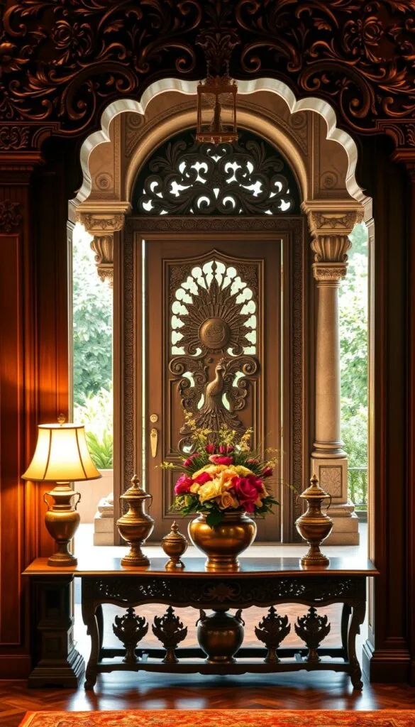 A beautifully carved wooden entryway with intricate floral motifs and brass accents, bathed in warm, diffused lighting that casts a cozy, welcoming glow. In the foreground, a pair of ornate brass lamps flank a wooden console table adorned with decorative brass urns and a vibrant floral arrangement. The middle ground features a grand, carved wooden door with a detailed peacock design, surrounded by ornate stone arches and columns. The background showcases a lush, verdant garden visible through the open doorway, creating a serene and inviting atmosphere.