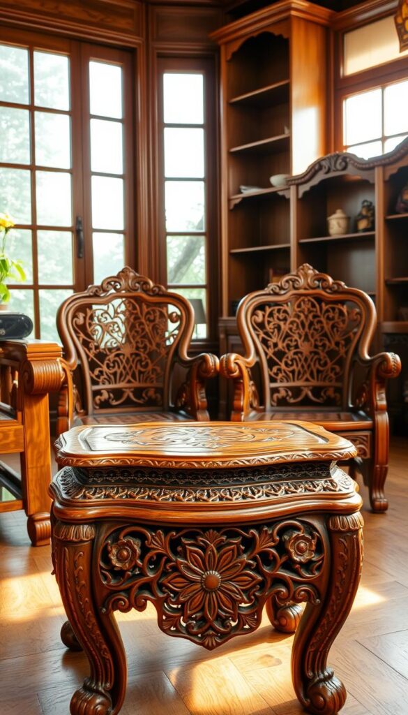 A beautifully crafted collection of Indian wooden furniture, showcasing the intricate artistry and rich cultural heritage of the region. In the foreground, a stunning carved and polished teakwood side table with intricate floral patterns, set against a backdrop of a gracefully curved solid wood bookshelf. In the middle ground, a pair of ornately detailed wooden chairs with delicate latticework and warm, earthy tones. The natural lighting gently filters through large windows, casting a soft, inviting glow over the scene, highlighting the exquisite grain and texture of the wood. The overall atmosphere exudes a sense of timeless elegance and timeless craftsmanship, perfectly capturing the essence of Indian home decor.