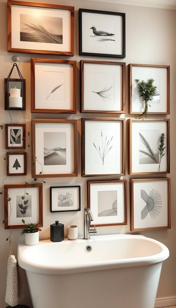 A beautifully curated DIY bathroom wall art display, featuring an eclectic mix of handcrafted frames, natural elements, and minimalist decor. The compositions are arranged with an eye for balance and visual interest, creating a serene and inviting atmosphere. Warm, diffused lighting illuminates the display, casting gentle shadows that add depth and dimension. The frames showcase a variety of textures, from rustic wood to sleek metal, complementing the neutral color palette. Trailing plants and simple ceramics add a touch of organic beauty, while carefully placed geometric shapes and abstract patterns provide a modern, elevated touch. The overall effect is a harmonious blend of handmade charm and sophisticated style, perfectly suited for a stylish, spa-like bathroom retreat.