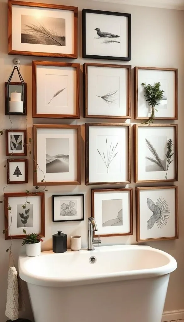 A beautifully curated DIY bathroom wall art display, featuring an eclectic mix of handcrafted frames, natural elements, and minimalist decor. The compositions are arranged with an eye for balance and visual interest, creating a serene and inviting atmosphere. Warm, diffused lighting illuminates the display, casting gentle shadows that add depth and dimension. The frames showcase a variety of textures, from rustic wood to sleek metal, complementing the neutral color palette. Trailing plants and simple ceramics add a touch of organic beauty, while carefully placed geometric shapes and abstract patterns provide a modern, elevated touch. The overall effect is a harmonious blend of handmade charm and sophisticated style, perfectly suited for a stylish, spa-like bathroom retreat.