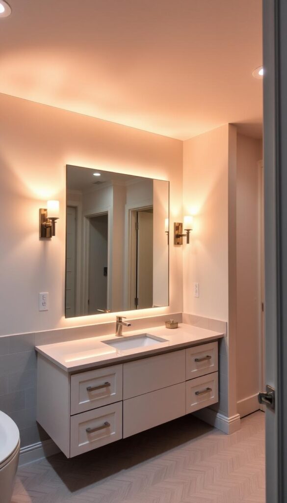 A beautifully lit bathroom interior with warm, ambient lighting from a pair of elegant wall sconces flanking a large vanity mirror. The mirror reflects the soft, diffused light, creating a cozy and inviting atmosphere. The tile floor features a classic herringbone pattern, complementing the sleek, modern vanity and fixtures. Soft, indirect lighting from recessed ceiling lights provides a gentle glow, highlighting the room's elegant and serene design. The overall lighting setup is thoughtfully planned to create a spa-like, relaxing environment perfect for a luxurious bathroom remodel.