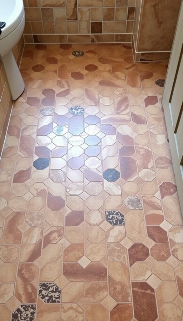 A beautifully tiled bathroom floor, with intricate patterns and a warm, inviting atmosphere. The tiles are a mix of earthy tones, arranged in a herringbone or chevron design, creating a sense of movement and depth. The lighting is soft and diffused, casting a gentle glow over the floor, highlighting the natural textures and variations in the tiles. The camera angle is slightly elevated, capturing the full expanse of the floor and providing a clear, unobstructed view of the stunning tile work. The overall mood is one of tranquility and elegance, setting the stage for a relaxing and indulgent bathroom experience.