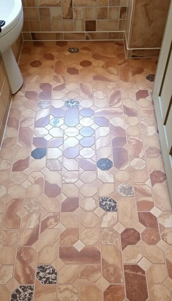 A beautifully tiled bathroom floor, with intricate patterns and a warm, inviting atmosphere. The tiles are a mix of earthy tones, arranged in a herringbone or chevron design, creating a sense of movement and depth. The lighting is soft and diffused, casting a gentle glow over the floor, highlighting the natural textures and variations in the tiles. The camera angle is slightly elevated, capturing the full expanse of the floor and providing a clear, unobstructed view of the stunning tile work. The overall mood is one of tranquility and elegance, setting the stage for a relaxing and indulgent bathroom experience.