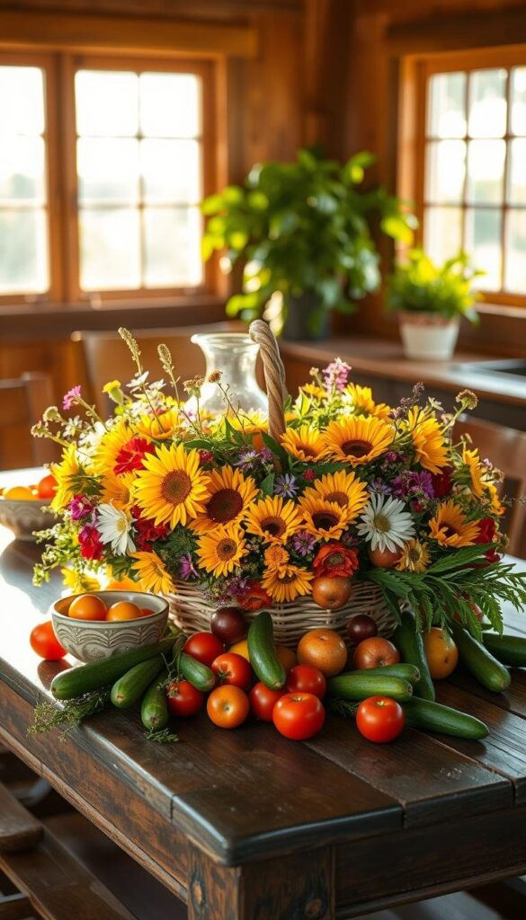 A bountiful summer kitchen centerpiece adorns a rustic wooden table, bathed in warm natural light streaming through large windows. In the foreground, a vibrant floral arrangement overflows with cheerful blooms - sunflowers, daisies, and wildflowers in a charming hand-woven basket. Surrounding the flowers, an array of seasonal produce spills out - juicy tomatoes, crisp cucumbers, and fragrant herbs. In the middle ground, a pair of artisanal ceramic bowls hold fresh fruits and a gleaming glass pitcher, while in the background, a lush green potted plant adds a touch of lush greenery. The overall scene evokes a breezy, inviting atmosphere, perfect for a casual summer gathering.