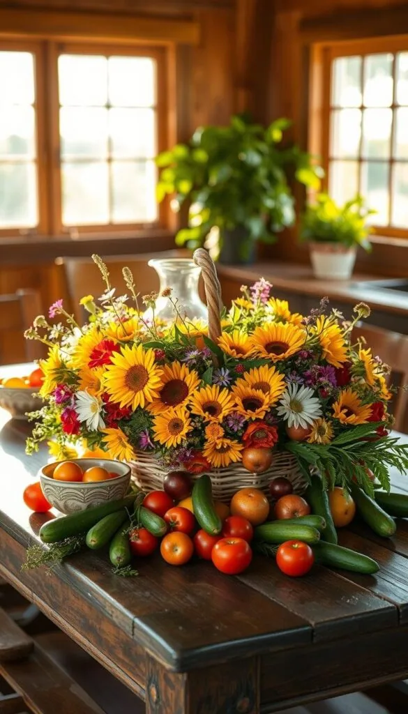 A bountiful summer kitchen centerpiece adorns a rustic wooden table, bathed in warm natural light streaming through large windows. In the foreground, a vibrant floral arrangement overflows with cheerful blooms - sunflowers, daisies, and wildflowers in a charming hand-woven basket. Surrounding the flowers, an array of seasonal produce spills out - juicy tomatoes, crisp cucumbers, and fragrant herbs. In the middle ground, a pair of artisanal ceramic bowls hold fresh fruits and a gleaming glass pitcher, while in the background, a lush green potted plant adds a touch of lush greenery. The overall scene evokes a breezy, inviting atmosphere, perfect for a casual summer gathering.