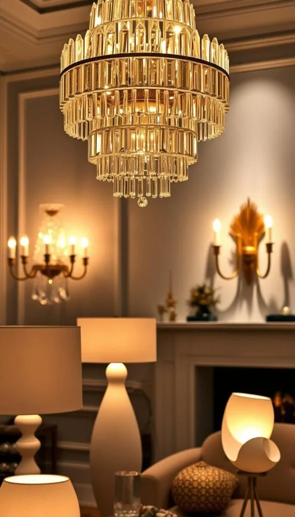 A breathtaking display of statement lighting fixtures illuminating a cozy winter scene. In the foreground, a cascading chandelier of faceted crystal prisms refracts warm, golden light across the room. In the middle ground, sculptural floor lamps with smooth, organic forms cast a soft, ambient glow. In the background, a grand, architectural wall sconce projects dramatic shadows, adding depth and drama. The overall atmosphere is one of elegant sophistication, perfectly suited to elevate the style and ambiance of any winter abode.