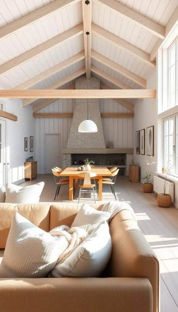 A bright, airy Scandinavian barn house interior with a minimalist Nordic design. In the foreground, a cozy living room features warm-toned wood furniture, plush textiles, and natural fiber accents. Sunlight streams through large windows, casting a soft glow on the space. In the middle ground, a dining area showcases a rustic wooden table surrounded by simple, modern chairs. Scandinavian-inspired pendant lights hang overhead. The background reveals whitewashed wood walls, beamed ceilings, and a stone fireplace, creating a harmonious and serene atmosphere. The color palette consists of muted grays, whites, and light blues, reflecting the tranquil Scandinavian aesthetic. A bright, airy Scandinavian barn house interior with a minimalist Nordic design. In the foreground, a cozy living room features warm-toned wood furniture, plush textiles, and natural fiber accents. Sunlight streams through large windows, casting a soft glow on the space. In the middle ground, a dining area showcases a rustic wooden table surrounded by simple, modern chairs. Scandinavian-inspired pendant lights hang overhead. The background reveals whitewashed wood walls, beamed ceilings, and a stone fireplace, creating a harmonious and serene atmosphere. The color palette consists of muted grays, whites, and light blues, reflecting the tranquil Scandinavian aesthetic.