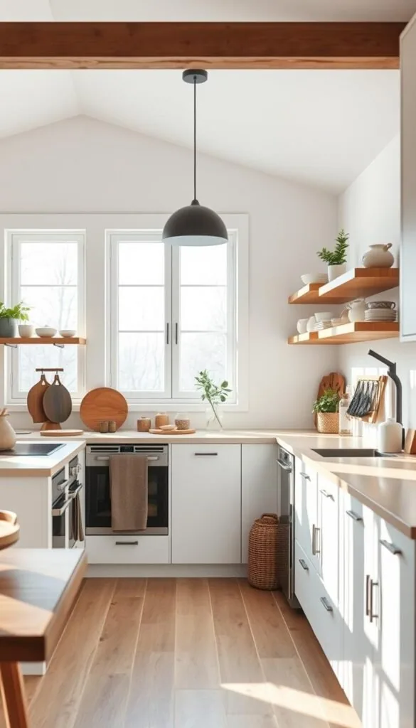 A bright, airy Scandinavian-inspired kitchen interior with rustic wooden shelves and accents. Warm natural lighting filters through large windows, casting a cozy glow on the minimalist white cabinets and countertops. Sleek wooden shelves line the walls, displaying an assortment of earthenware, plants, and other décor in a well-curated, Nordic-chic arrangement. The overall atmosphere is one of understated elegance and clean, unfussy design – a perfect reflection of the "Rustic Nordic Charm" in a modern Scandinavian cabin.