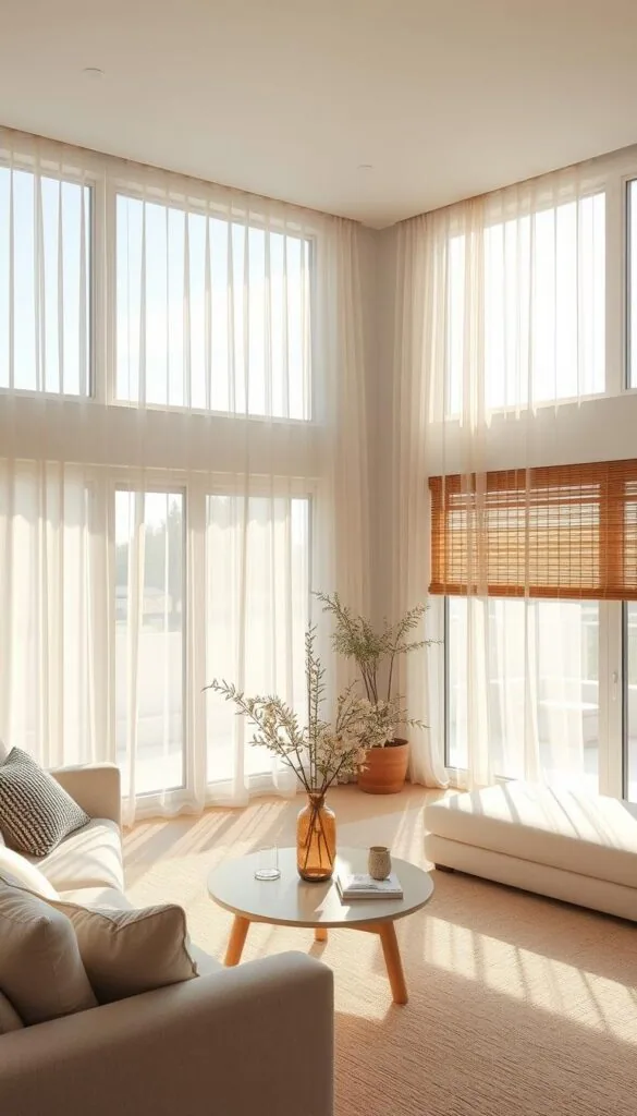 A bright, airy Scandinavian-inspired living room with minimalist window treatments that maximize natural light. Large, floor-to-ceiling windows with sheer, gossamer curtains that gently diffuse the sunlight, casting a warm, soft glow throughout the space. Subtle textures like woven wood blinds or shades add tactile interest without obstructing the view. Sunlight filters through the treatments, creating a tranquil, serene ambiance perfect for relaxation. The treatment is visually lightweight, allowing the focus to remain on the architecture and exterior landscape beyond. Crisp, clean lines and a neutral color palette create a calming, uncluttered atmosphere in harmony with the Scandinavian design ethos. A bright, airy Scandinavian-inspired living room with minimalist window treatments that maximize natural light. Large, floor-to-ceiling windows with sheer, gossamer curtains that gently diffuse the sunlight, casting a warm, soft glow throughout the space. Subtle textures like woven wood blinds or shades add tactile interest without obstructing the view. Sunlight filters through the treatments, creating a tranquil, serene ambiance perfect for relaxation. The treatment is visually lightweight, allowing the focus to remain on the architecture and exterior landscape beyond. Crisp, clean lines and a neutral color palette create a calming, uncluttered atmosphere in harmony with the Scandinavian design ethos.