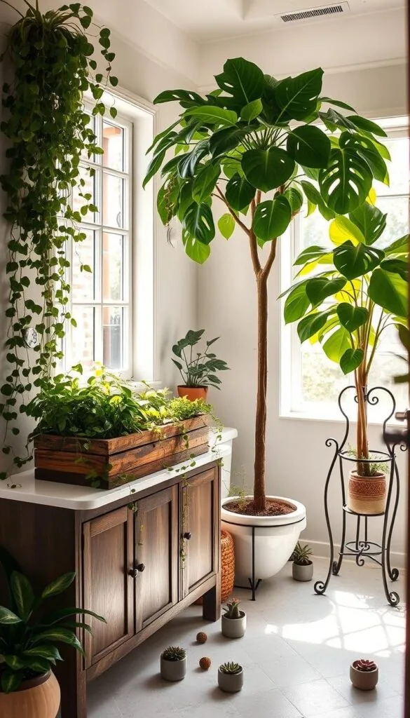 A bright, airy bathroom adorned with lush, verdant plants. On the vanity, a rustic wooden planter overflows with vibrant foliage, trailing vines cascading down the sides. Softly lit by natural sunlight flooding through a large window, the space exudes a soothing, tranquil ambiance. A potted fiddle-leaf fig in the corner stands tall, its broad leaves casting dappled shadows. Scattered around the room, small succulents in modern ceramic pots add pops of green. An ornate, wrought-iron plant stand showcases a towering monstera, its distinctive leaves filtering the light. The scene is a harmonious blend of natural elements, creating a serene, rejuvenating sanctuary.