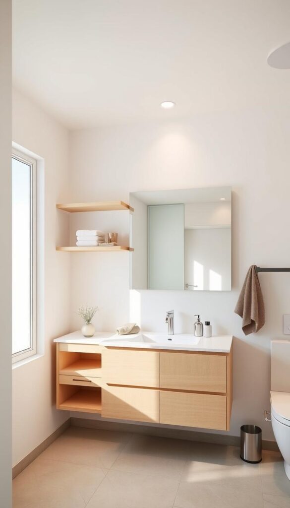 A bright, airy bathroom interior with a mid-range vanity cabinet, shelves, and storage solutions. The vanity features clean lines, a light wood or white finish, and a sleek undermount sink. Floating shelves above the vanity display decorative objects and bathroom essentials. A full-length mirror reflects the space, creating an illusion of depth. Recessed lighting casts a warm glow, and a large window lets in natural light. The tiles on the floor and walls are neutral-toned, complementing the overall minimalist aesthetic. The overall mood is one of calm, organization, and functionality. A bright, airy bathroom interior with a mid-range vanity cabinet, shelves, and storage solutions. The vanity features clean lines, a light wood or white finish, and a sleek undermount sink. Floating shelves above the vanity display decorative objects and bathroom essentials. A full-length mirror reflects the space, creating an illusion of depth. Recessed lighting casts a warm glow, and a large window lets in natural light. The tiles on the floor and walls are neutral-toned, complementing the overall minimalist aesthetic. The overall mood is one of calm, organization, and functionality.