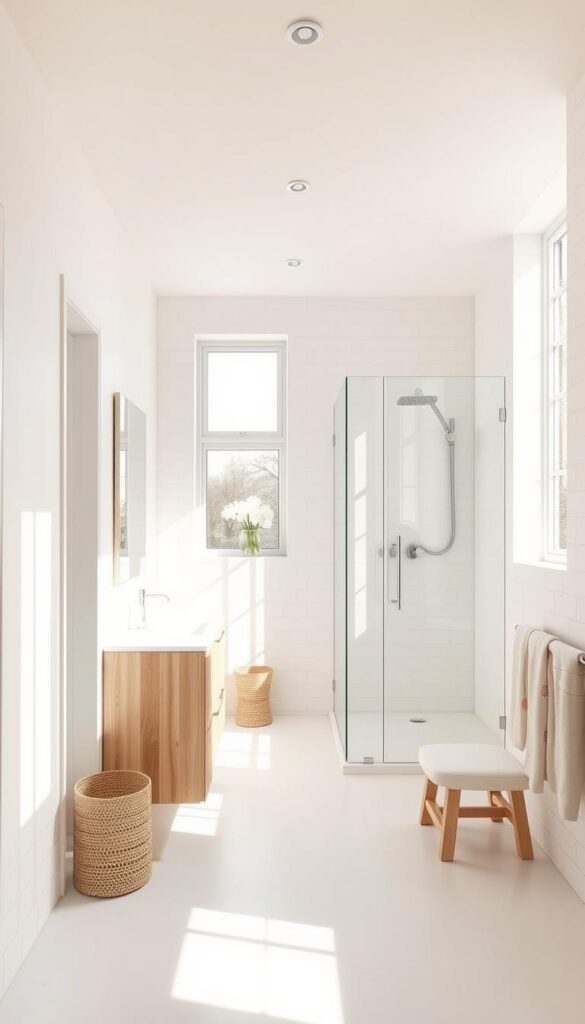 A bright, airy bathroom interior with a minimalist, Scandinavian-inspired design. The layout is optimized for maximum functionality, featuring a sleek vanity with ample storage, a large wall-mounted mirror, and a spacious walk-in shower with a glass enclosure. Soft, natural lighting streams in through a large window, casting a warm glow on the clean, white tiles and light wood accents. The overall atmosphere is one of tranquility and efficiency, creating a cozy and inviting space that feels both practical and aesthetically pleasing. A bright, airy bathroom interior with a minimalist, Scandinavian-inspired design. The layout is optimized for maximum functionality, featuring a sleek vanity with ample storage, a large wall-mounted mirror, and a spacious walk-in shower with a glass enclosure. Soft, natural lighting streams in through a large window, casting a warm glow on the clean, white tiles and light wood accents. The overall atmosphere is one of tranquility and efficiency, creating a cozy and inviting space that feels both practical and aesthetically pleasing.