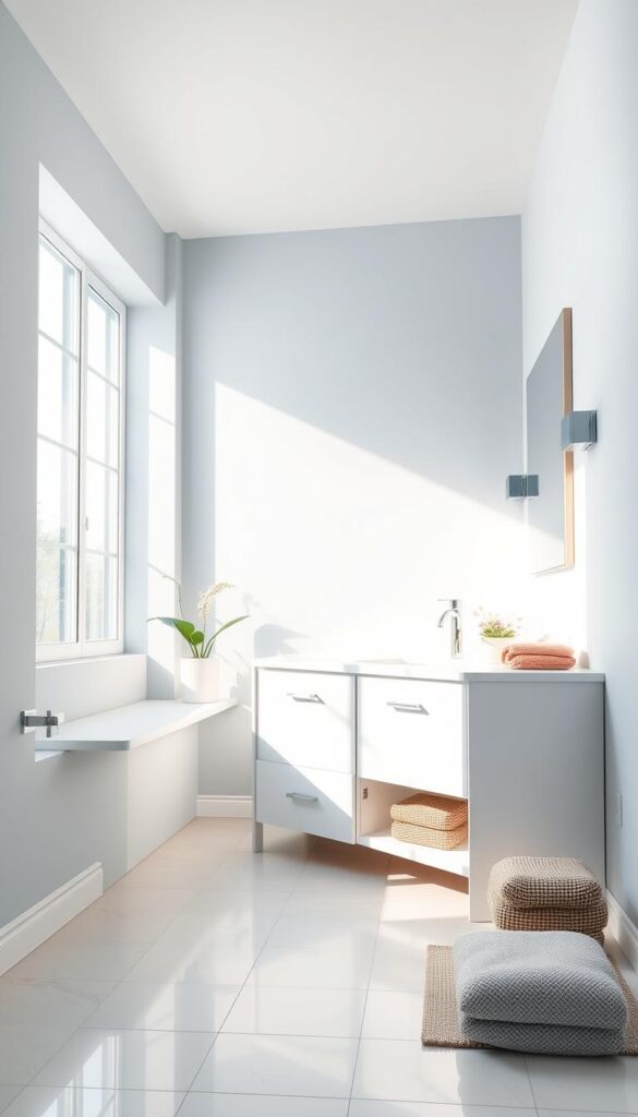 A bright, airy bathroom interior with clean, minimalist design. The walls are painted in a soft, calming shade of blue-gray, creating a serene and expansive ambiance. Sleek, white vanity with modern fixtures sits atop a light-colored tile floor, reflecting the natural light streaming in through large windows. Accent pieces, such as a potted plant and plush towels, add pops of color and texture, visually expanding the space. The overall composition emphasizes the use of light, space, and a harmonious color palette to make the small bathroom feel open and inviting. A bright, airy bathroom interior with clean, minimalist design. The walls are painted in a soft, calming shade of blue-gray, creating a serene and expansive ambiance. Sleek, white vanity with modern fixtures sits atop a light-colored tile floor, reflecting the natural light streaming in through large windows. Accent pieces, such as a potted plant and plush towels, add pops of color and texture, visually expanding the space. The overall composition emphasizes the use of light, space, and a harmonious color palette to make the small bathroom feel open and inviting.