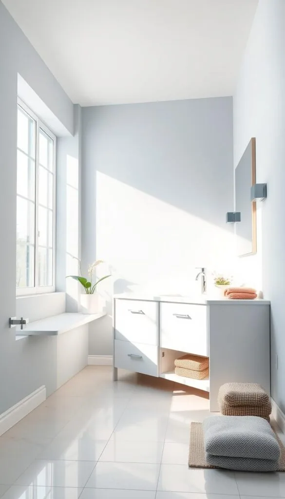 A bright, airy bathroom interior with clean, minimalist design. The walls are painted in a soft, calming shade of blue-gray, creating a serene and expansive ambiance. Sleek, white vanity with modern fixtures sits atop a light-colored tile floor, reflecting the natural light streaming in through large windows. Accent pieces, such as a potted plant and plush towels, add pops of color and texture, visually expanding the space. The overall composition emphasizes the use of light, space, and a harmonious color palette to make the small bathroom feel open and inviting.