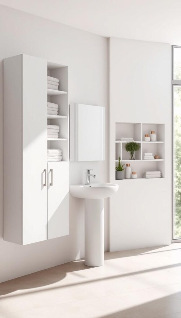 A bright, airy bathroom interior with natural light streaming in through a large window. In the foreground, an elegant wall-mounted cabinet with sleek, minimalist design and ample storage space for toiletries, towels, and other essentials. The cabinet has a matte white finish that complements the neutral tile floor and walls. In the middle ground, a small pedestal sink with a modern faucet. Above the sink, a frameless mirror that reflects the natural light, creating a sense of depth and spaciousness. In the background, a recessed shelving unit built into the wall, displaying decorative jars, plants, and other organizational accessories in a visually pleasing manner. The overall atmosphere is calm, serene, and effortlessly stylish, showcasing practical and space-saving storage solutions for a small bathroom.