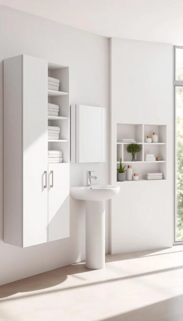 A bright, airy bathroom interior with natural light streaming in through a large window. In the foreground, an elegant wall-mounted cabinet with sleek, minimalist design and ample storage space for toiletries, towels, and other essentials. The cabinet has a matte white finish that complements the neutral tile floor and walls. In the middle ground, a small pedestal sink with a modern faucet. Above the sink, a frameless mirror that reflects the natural light, creating a sense of depth and spaciousness. In the background, a recessed shelving unit built into the wall, displaying decorative jars, plants, and other organizational accessories in a visually pleasing manner. The overall atmosphere is calm, serene, and effortlessly stylish, showcasing practical and space-saving storage solutions for a small bathroom.
