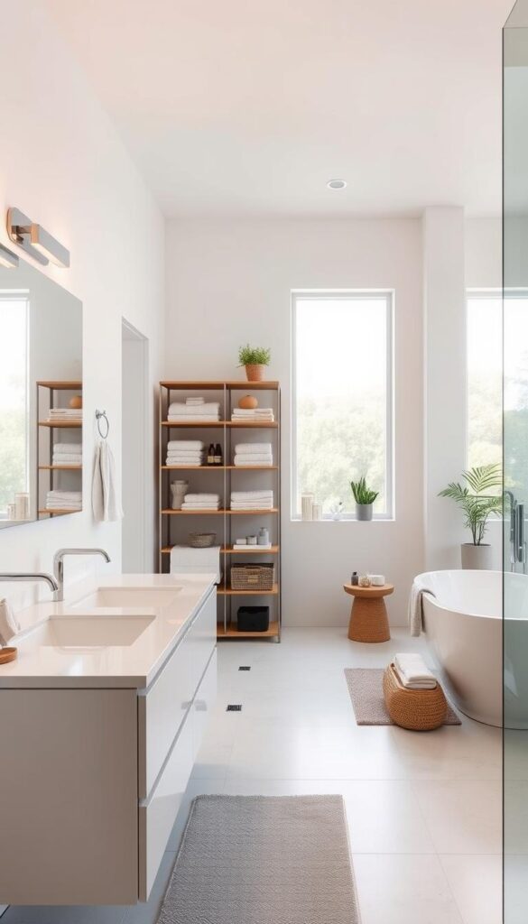 A bright, airy bathroom interior with various organizational styles and storage solutions. In the foreground, a sleek, minimalist vanity with clean lines and a floating countertop, complemented by a large mirror and modern light fixtures. In the middle ground, a shelving unit with neatly arranged towels, toiletries, and decorative accents, creating a sense of order and visual harmony. The background features a freestanding bathtub and a large window that floods the space with natural light, casting a warm, inviting glow. The overall atmosphere is one of calm, serene, and purposefully organized living. A bright, airy bathroom interior with various organizational styles and storage solutions. In the foreground, a sleek, minimalist vanity with clean lines and a floating countertop, complemented by a large mirror and modern light fixtures. In the middle ground, a shelving unit with neatly arranged towels, toiletries, and decorative accents, creating a sense of order and visual harmony. The background features a freestanding bathtub and a large window that floods the space with natural light, casting a warm, inviting glow. The overall atmosphere is one of calm, serene, and purposefully organized living.