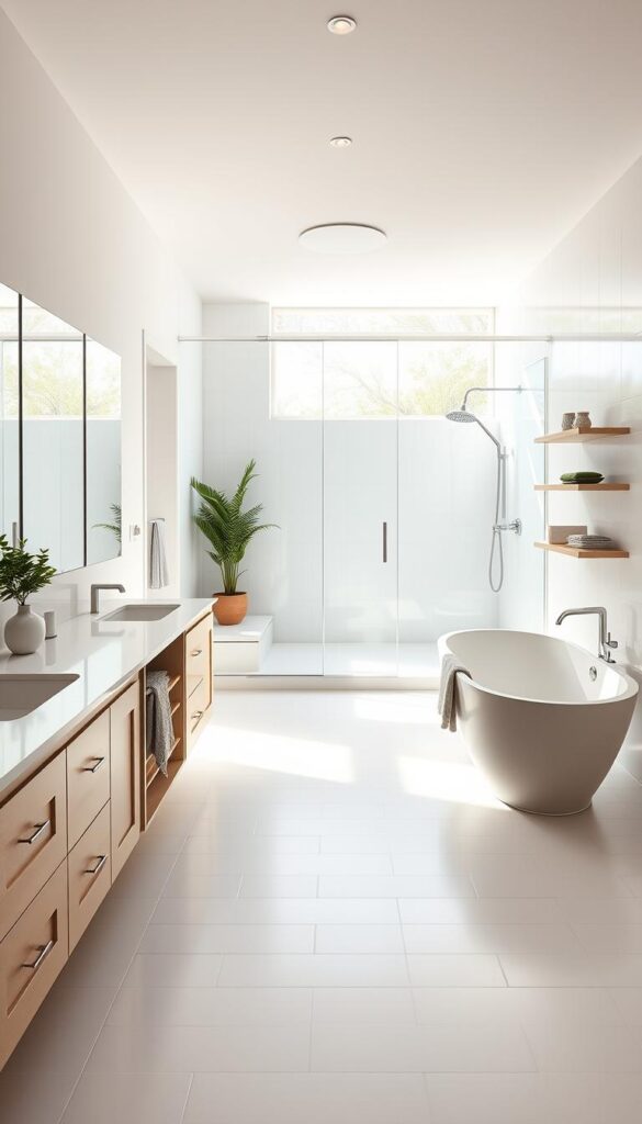 A bright, airy bathroom layout with a large vanity featuring a double sink, well-lit by natural light streaming through a wide window. The tiled floor leads to a spacious walk-in shower with a glass enclosure. A freestanding bathtub is positioned to take advantage of the natural illumination. Minimalist wall-mounted fixtures and a floating shelf provide ample storage. The color palette is clean and calming, with white tiles, light wood accents, and touches of greenery. The composition emphasizes the efficient use of space and flow, creating a relaxing, spa-like atmosphere.
