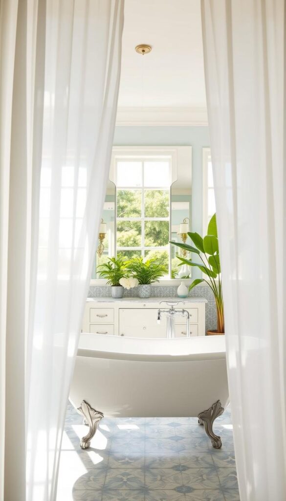 A bright, airy bathroom with a fresh, summer-inspired color palette. In the foreground, a clawfoot tub with sheer white curtains framing it, casting a soft, dappled light. The middle ground features a vanity with a large mirror surrounded by sconces, accented with lush green plants. The background showcases patterned tiles in shades of blue and white, evoking the calming hues of the ocean. Sunlight streams in through large windows, creating a warm, inviting atmosphere. The scene exudes a sense of tranquility and relaxation, perfect for a summer retreat. A bright, airy bathroom with a fresh, summer-inspired color palette. In the foreground, a clawfoot tub with sheer white curtains framing it, casting a soft, dappled light. The middle ground features a vanity with a large mirror surrounded by sconces, accented with lush green plants. The background showcases patterned tiles in shades of blue and white, evoking the calming hues of the ocean. Sunlight streams in through large windows, creating a warm, inviting atmosphere. The scene exudes a sense of tranquility and relaxation, perfect for a summer retreat.