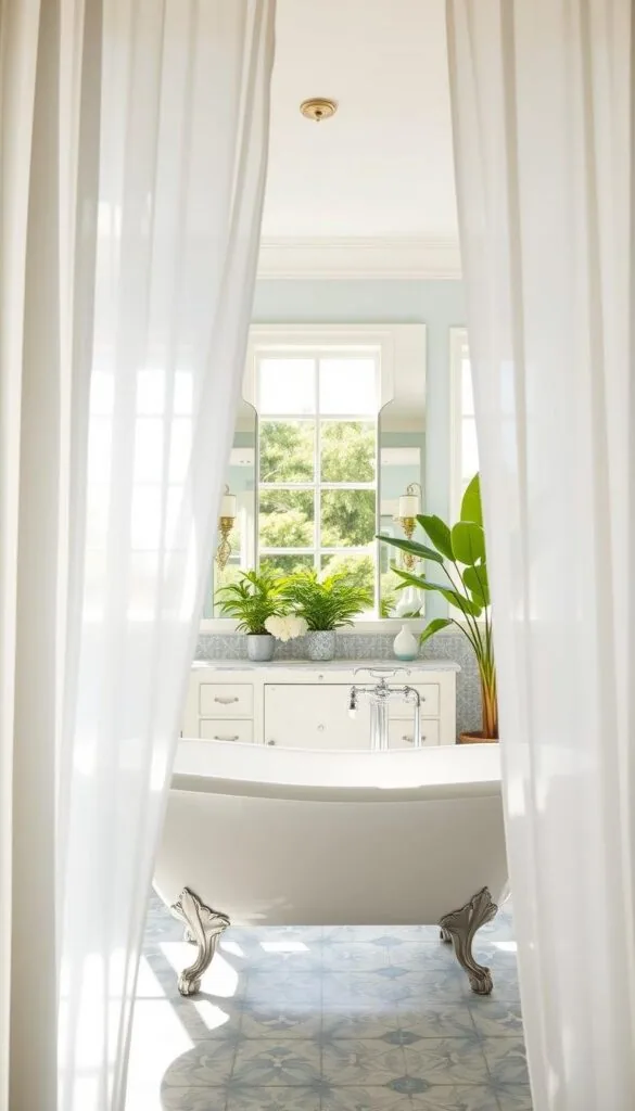 A bright, airy bathroom with a fresh, summer-inspired color palette. In the foreground, a clawfoot tub with sheer white curtains framing it, casting a soft, dappled light. The middle ground features a vanity with a large mirror surrounded by sconces, accented with lush green plants. The background showcases patterned tiles in shades of blue and white, evoking the calming hues of the ocean. Sunlight streams in through large windows, creating a warm, inviting atmosphere. The scene exudes a sense of tranquility and relaxation, perfect for a summer retreat.