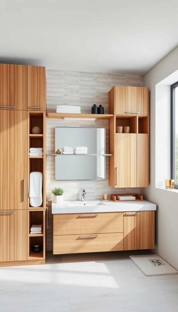 A bright, airy bathroom with a modern, minimalist design. In the foreground, an array of sleek, wooden storage cabinets and shelves, neatly organized with towels, toiletries, and decorative accents. The middle ground showcases a large vanity with a clean, marble countertop and a modern, rectangular mirror. The background features a tiled wall in a soothing, neutral color palette, complemented by a large window that floods the space with natural light. The overall atmosphere is one of calm, efficiency, and effortless style, showcasing a range of practical, yet visually appealing, bathroom storage solutions.