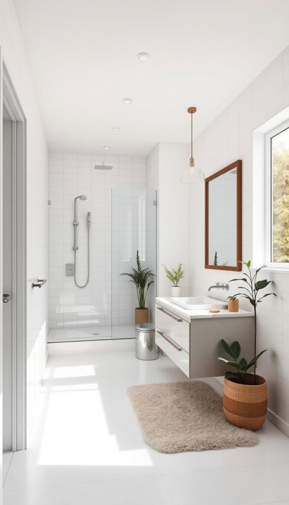 A bright, airy bathroom with a modern, minimalist design. The small space is transformed with sleek white tiles covering the walls and floor, creating a clean and serene atmosphere. A large vanity with a marble countertop and a single sink sits prominently in the center, complemented by a large framed mirror that reflects the natural light streaming in through the large window. The shower area is enclosed with a glass partition, giving the illusion of an open and spacious layout. Soft, ambient lighting from recessed ceiling fixtures and a pendant light above the vanity adds a cozy, relaxing ambiance. Potted plants and a plush bath mat provide subtle pops of color and texture, completing the tranquil, spa-like feel of the space.