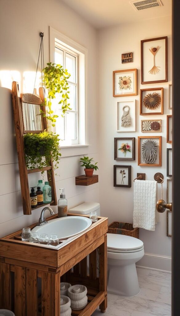 A bright, airy bathroom with a rustic, upcycled vibe. In the foreground, a repurposed wooden crate serves as a chic vanity, adorned with a vintage mirror and mason jar organizers. Midground features a hanging plant holder made from an old ladder, its greenery cascading down. The background showcases a gallery wall of eclectic frames, each holding a unique piece of DIY artwork - perhaps macrame, dried flowers, or painted ceramic tiles. Warm, natural lighting filters in through a large window, casting a soft glow on the scene. The overall atmosphere is one of creativity, practicality, and a touch of farmhouse charm.