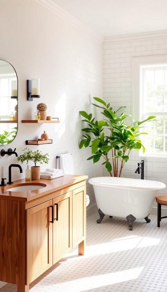A bright, airy bathroom with a sleek, minimalist vanity in a warm, natural wood tone. Soft, diffused lighting from sconces and a large window casts a gentle glow. Crisp white subway tiles line the walls, accented by sleek black hardware. A simple, freestanding clawfoot tub sits in the corner, surrounded by lush, verdant plants. Streamlined shelving and storage solutions keep the space organized and uncluttered. The overall atmosphere is relaxed, inviting, and budget-friendly, showcasing how thoughtful design can transform a bathroom on a modest budget.